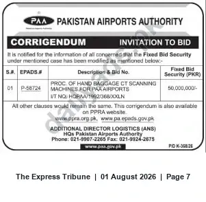 Newspaper clipping: Pakistan Airports Authority Corrigendum: Fixed Bid Security Revised for Procurement P-58724, The Express Tribune, 01 Aug 2026