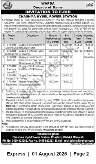 Newspaper clipping: WAPDA Chashma Hydel Power Station Invitation to E-Bid for Supply & Services, Express, 01 Aug 2026