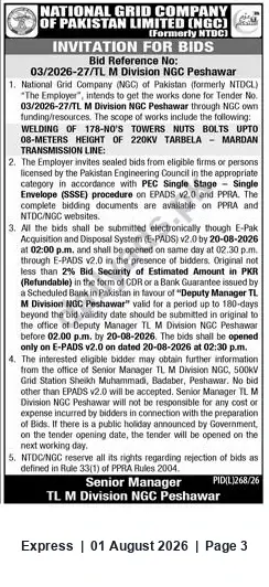 Newspaper clipping: NGC Tender 03/2026-27 – Welding of 178 Towers (220 kV Tarbela–Mardan) – Closes 2026-08-20, Express, 01 Aug 2026