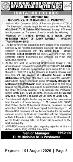 Newspaper clipping: NGC Peshawar Tender: Welding of 178 Towers Nuts & Bolts on 220kV Tarbela–Mardan Line (Bid Ref 03/2026-27/TL M Division), Express, 01 Aug 2026