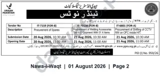 Newspaper clipping: Heavy Industries Taxila (HIT) Tender Notice – Procurement of Spares, Welding Accessories & CCTV Shifting (Aug 2026), Nawa-i-Waqt, 01 Aug 2026