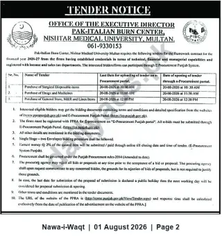 Newspaper clipping: Tender Notice — Pak-Italian Burn Center, Nishtar Medical University Multan (Procurement 2026), Nawa-i-Waqt, 01 Aug 2026