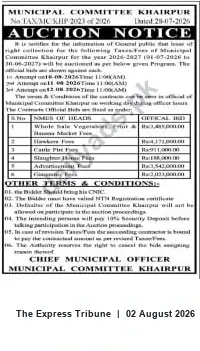 Newspaper clipping: Auction Notice: Collection of Market/Tax Fees — Municipal Committee Khairpur (FY 2026-27), The Express Tribune, 02 Aug 2026
