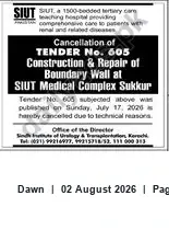 Newspaper clipping: SIUT Cancels Tender Nos. 605 & 606 — Boundary Wall at SIUT Medical Complex Sukkur, Dawn, 02 Aug 2026