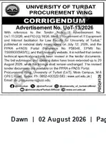 Newspaper clipping: University of Turbat Procurement Wing Corrigendum — Advertisement UoT-13/2026, Dawn, 02 Aug 2026