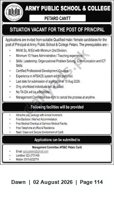 Newspaper clipping: Principal Vacancy — Army Public School & College, Petaro Cantt, Dawn, 02 Aug 2026