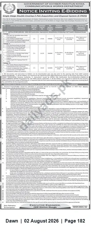 Newspaper clipping: KP C&W Department Invites E-Bids via E-PADS — C&W Division Shangla, Dawn, 02 Aug 2026