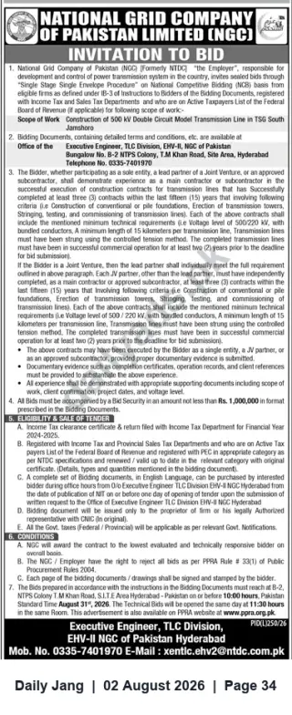 Newspaper clipping: NGC Invitation to Bid — Construction of 500 kV Double-Circuit Transmission Line (TSG South Jamshoro), Jang, 02 Aug 2026