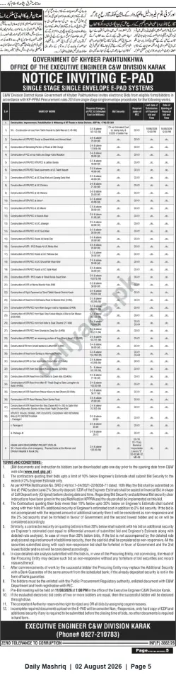 Newspaper clipping: Khyber Pakhtunkhwa C&W Division Karak - Notice Inviting e-Bids for Road Construction & Rehabilitation (E-PAD), Daily Mashriq, 02 Aug 2026