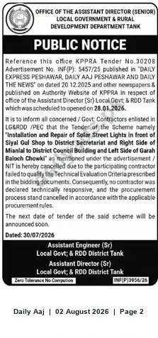 Newspaper clipping: KPPRA Tender No.30208 Cancelled — Installation and Repair of Solar Street Lights in Tank, Daily Aaj, 02 Aug 2026