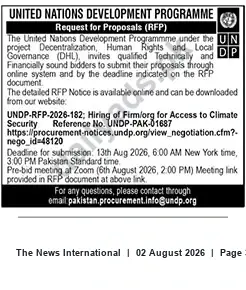 Newspaper clipping: UNDP RFP: Hiring of Firm/Organization for Access to Climate Security (UNDP-RFP-2026-182 / UNDP-PAK-01687), The News International, 02 Aug 2026