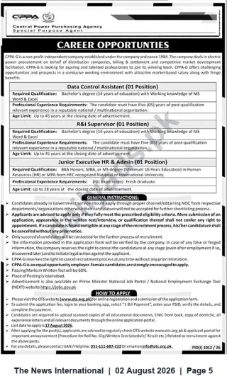 Newspaper clipping: CPPA-G Careers: Data Control Assistant, R&I Supervisor & Junior Executive HR/Admin (Islamabad), The News International, 02 Aug 2026