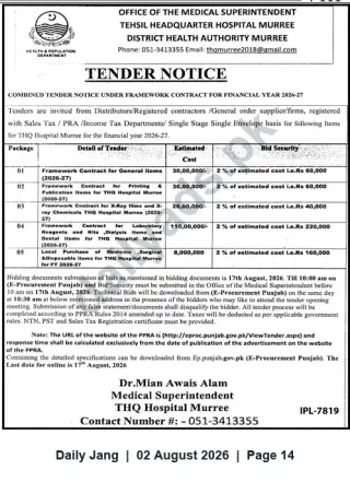 Newspaper clipping: THQ Hospital Murree – Combined Tender Notice for Framework Contracts FY 2026-27, Jang, 02 Aug 2026