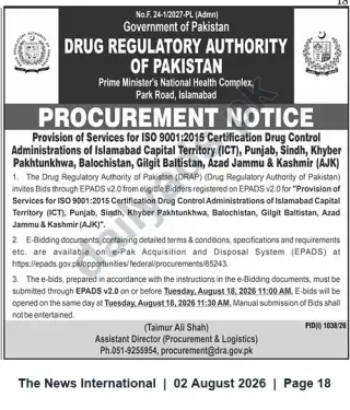 Newspaper clipping: DRAP Procurement: ISO 9001:2015 Certification Services for Drug Control Administrations — Bid Deadline 2026-08-18, The News International, 02 Aug 2026