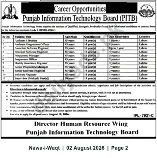 Newspaper clipping: PITB Career Opportunities 2026 – Multiple IT & Management Positions in Lahore (Apply by 2026-08-19), Nawa-i-Waqt, 02 Aug 2026
