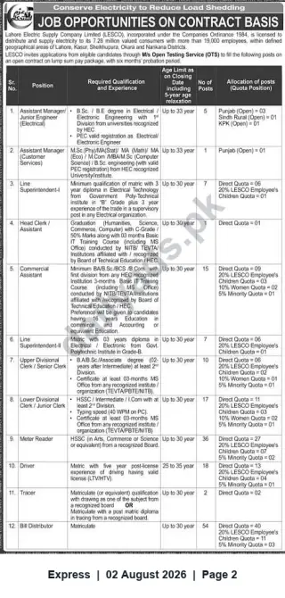 Newspaper clipping: LESCO Job Opportunities on Contract Basis — Multiple Technical and Clerical Positions, Express, 02 Aug 2026