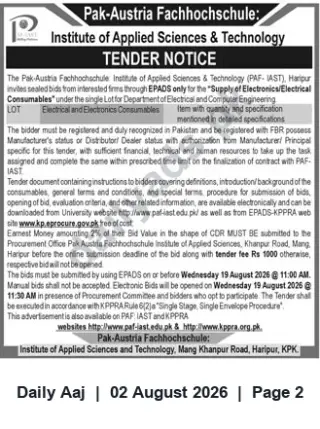 Newspaper clipping: PAF-IAST Haripur Tender: Supply of Electrical & Electronics Consumables (Bid Deadline 2026-08-19), Daily Aaj, 02 Aug 2026