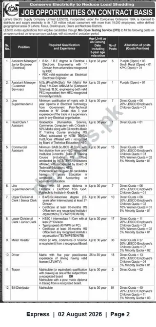 Newspaper clipping: LESCO Job Opportunities on Contract Basis — Multiple Technical & Clerical Vacancies, Express, 02 Aug 2026