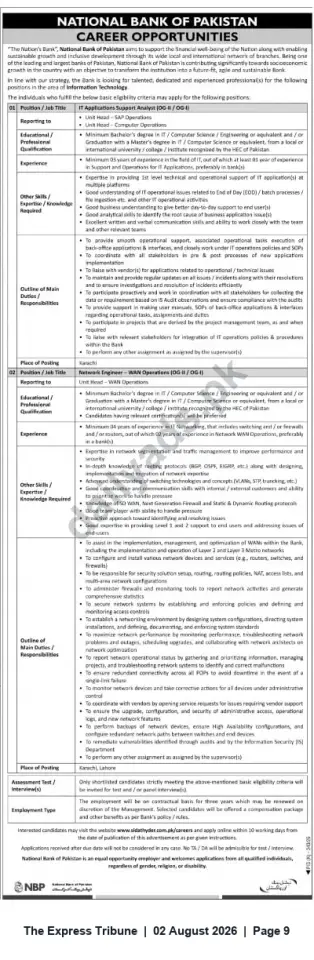 Newspaper clipping: National Bank of Pakistan — IT Applications Support Analyst & Network Engineer (Karachi) — Career Opportunities, The Express Tribune, 02 Aug 2026