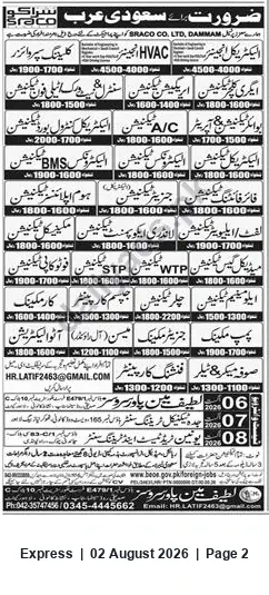 Newspaper clipping: Recruitment — HVAC, A/C, STP/WTP and Technical Roles | Branco Co. Ltd, Dammam (Saudi Arabia), Express, 02 Aug 2026