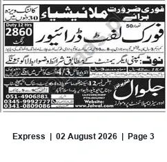 Newspaper clipping: Immediate Hiring — 12-Hour Duty (Contact Numbers Listed), Express, 02 Aug 2026
