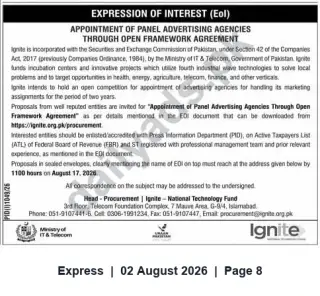 Newspaper clipping: EOI for Appointment of Panel Advertising Agencies — Ignite (National Technology Fund), Express, 02 Aug 2026