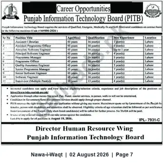 Newspaper clipping: PITB Career Opportunities – Multiple IT & Administrative Positions in Lahore, Nawa-i-Waqt, 02 Aug 2026