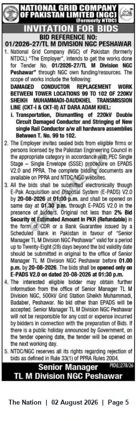 Newspaper clipping: NGC Peshawar Tender — Replacement of Damaged Conductors on Sheikh Muhammadi–Daudkhel 220 kV TL (Towers 99–102), The Nation, 02 Aug 2026