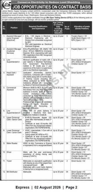 Newspaper clipping: LESCO Contract-Based Jobs — Technical, Clerical & Field Positions (Apply via OTS), Express, 02 Aug 2026