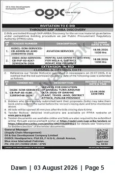 Newspaper clipping: OGDCL Invitation to E-Bid — Extension of Bid Closing & Opening Dates (SAP Ariba Discovery), Dawn, 03 Aug 2026