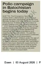 Newspaper clipping: Polio Vaccination Campaign Begins in Balochistan (Quetta), Dawn, 03 Aug 2026