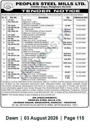 Newspaper clipping: Peoples Steel Mills Ltd. Tender Notice for Supply of Pipes, Ferro Chrome, Refractories & Equipment, Dawn, 03 Aug 2026