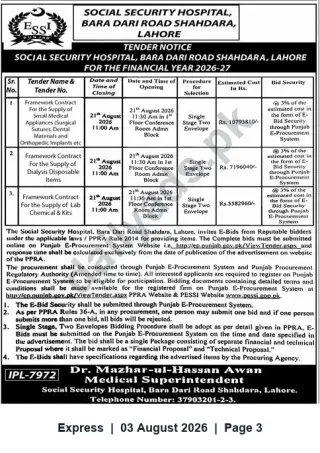 Newspaper clipping: Tender Notice: Framework Contracts for Medical Supplies – Social Security Hospital, Shahdara, Lahore (FY 2026-27), Express, 03 Aug 2026