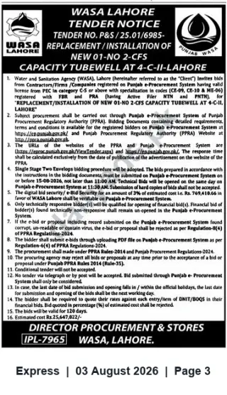 Newspaper clipping: WASA Lahore Tender: Replacement/Installation of 1 No. 2-CFS Tubewell (Tender No. P&S/25.01/6985), Express, 03 Aug 2026