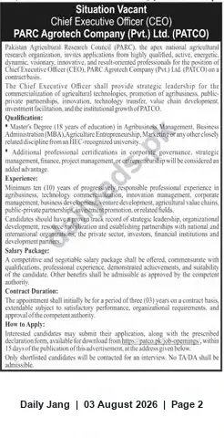 Newspaper clipping: Chief Executive Officer (CEO) – PARC Agrotech Company (PATCO) (Contract), Jang, 03 Aug 2026