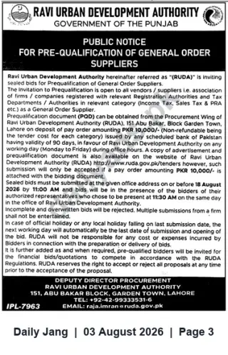 Newspaper clipping: RUDA Public Notice: Pre-Qualification of General Order Suppliers – Lahore, Jang, 03 Aug 2026