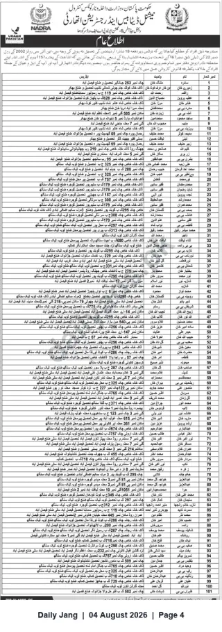 Newspaper clipping: NADRA Public Notice (Faisalabad) — List of Individuals; Objections Invited, Jang, 04 Aug 2026