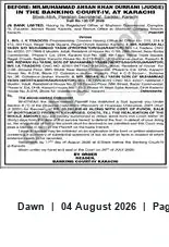 Newspaper clipping: Banking Court-IV, Karachi — Judge MIL MUHAMMAD AHRAN RHAN DURRANI, Dawn, 04 Aug 2026