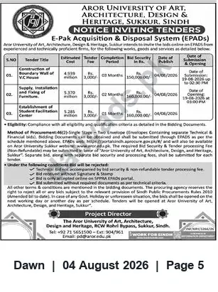 Newspaper clipping: Aror University Sukkur Tender Notice — EPADs for Construction, Furniture and Student Facilitation Centre, Dawn, 04 Aug 2026