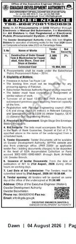 Newspaper clipping: GDA Tender TSE-2627081150693 — Construction of Underground (Gwadar), Dawn, 04 Aug 2026