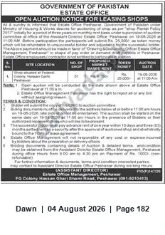 Newspaper clipping: Open Auction: Lease of Shops — Estate Office, Peshawar, Dawn, 04 Aug 2026