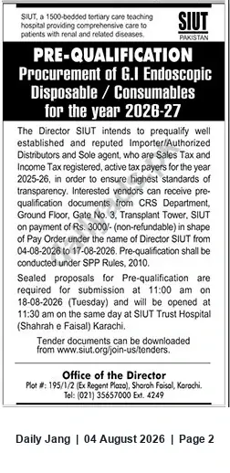Newspaper clipping: SIUT Pre-Qualification: Supply of G.I. Endoscopic Disposables/Consumables for 2026-27, Jang, 04 Aug 2026