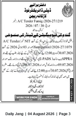 Newspaper clipping: Tender Notice: Fumigation Services (A/C Tender Fumig. 2026-27/1219), Jang, 04 Aug 2026