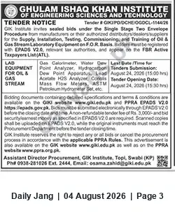 Newspaper clipping: GIK Institute Tender for Oil & Gas Stream Laboratory Equipment (Tender #GIXI/PD/DCHE/OGDCL-1144/26), Jang, 04 Aug 2026