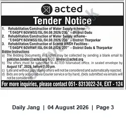 Newspaper clipping: ACTED Tender: Rehabilitation/Construction of Water Supply Schemes and School WASH (District Dada & Tharparkar), Jang, 04 Aug 2026