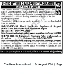Newspaper clipping: UNDP Individual Consultant Opportunities: MHPSS & Transgender Rights (Deadline 2026-08-17), The News International, 04 Aug 2026