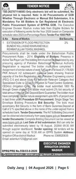 Newspaper clipping: Tender — Extension of Flood Protection & Rehabilitation Works (Irrigation Division, Washuk), Jang, 04 Aug 2026