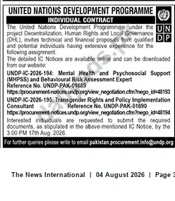 Newspaper clipping: UNDP Individual Consultant Opportunities: MHPSS & Transgender Rights (IC-2026-194/195), The News International, 04 Aug 2026