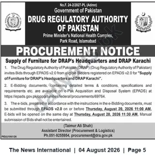 Newspaper clipping: Procurement Notice: Supply of Furniture for DRAP Headquarters and DRAP Karachi, The News International, 04 Aug 2026