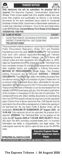 Newspaper clipping: Tender: Construction of Jadgamal Ikyar Road — Executive Engineer Roads, Pishin, The Express Tribune, 04 Aug 2026